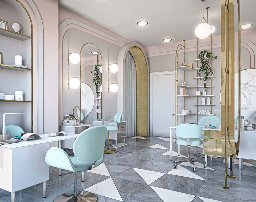 Pastel pink and mint green nail and beauty suite interior at Aura Beauty Suites salon suites in Colorado Springs.