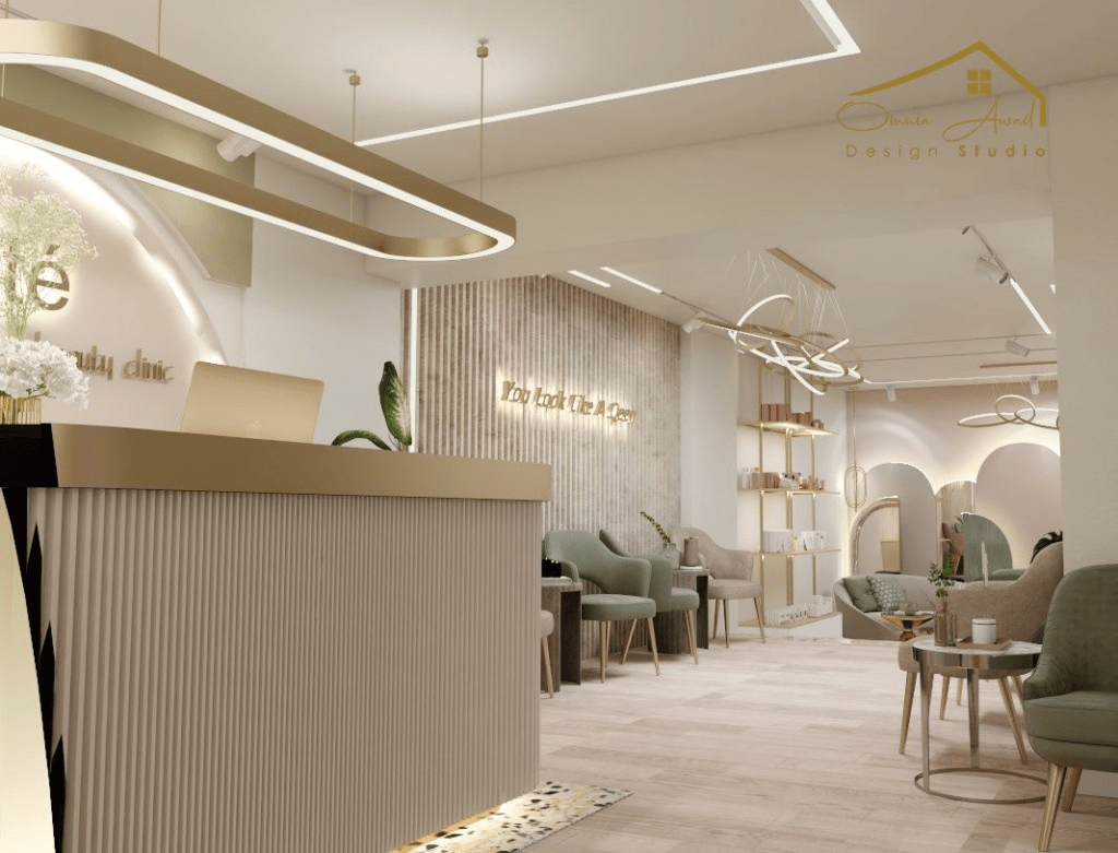 Modern beauty salon reception and waiting area at Aura Beauty Suites salon suites in Colorado Springs.